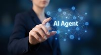Professional businesswoman touching AI Agent holographic interface with connected network nodes representing artificial intelligence technology solutions.