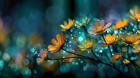 Delicate orange cosmos flowers with glowing dewdrops on dark branches create magical bokeh effect. Dreamy floral background for nature and botanical designs.