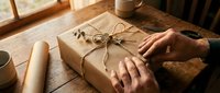 Hands wrapping kraft paper gift box with twine on wooden table, craft packaging and present preparation for holidays or special occasions.