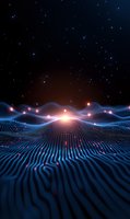 Futuristic digital landscape with glowing blue waves and light points against starry night sky, creating surreal technological terrain pattern with rising luminous horizon.