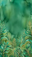 Watercolor emerald green background with gold leaf botanical foliage border, elegant nature design for luxury branding, invitations, and decorative projects.