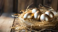 Golden eggs nestled in natural straw nest on rustic wooden background with soft lighting and shallow depth of field, symbolizing wealth and investment growth.