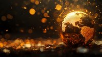 Glowing golden Earth globe with detailed continents against dark background with magical bokeh lights and particles, creating atmospheric world visualization.