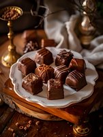 Artisanal chocolate bonbons with elegant decorative patterns served on vintage white plate. Dark and milk chocolate pralines with various toppings create luxurious dessert setting.