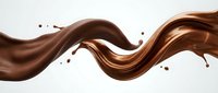 Liquid chocolate wave flowing dynamically across white background with splashing droplets, suitable for food and beverage marketing materials.