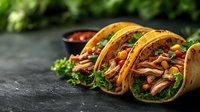 Pulled pork tacos with corn tortillas, fresh herbs and vegetables served on dark stone background with spicy sauce for Mexican food menu.
