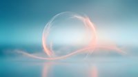 Glowing orb of light with swirling energy trails against serene blue sky and calm water reflection, suitable for technology and wellness concepts.