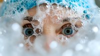 Close up view of bright blue eyes looking through soap bubbles and foam, creating dreamy atmospheric effect with water droplets and soft focus for beauty and skincare concepts.