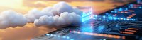 Futuristic circuit board with glowing digital elements against dramatic sunset sky and clouds, representing technological advancement and cloud computing.