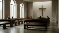Interior of modern minimalist church with wooden pews, large arched windows, and wooden cross on white wall. Suitable for religious, architectural, and spiritual design projects.