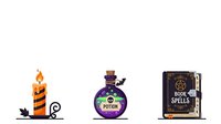 Young witch isolated on white background holding magical potion bottle and spell book for Halloween designs, clipart, and merchandise applications.