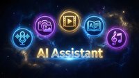 AI Assistant neon icons with microphone, camera, book and music note symbols floating in cosmic space background for technology applications.