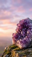 Purple amethyst crystal cluster on moss-covered rock against dreamy sunset sky with pink and lavender clouds for spiritual healing and meditation.
