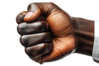 African American male fist clenched in white sleeve showing strength, determination and power against white background, dramatic side lighting creates depth.