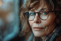 Close up portrait of mature Caucasian woman with glasses and natural makeup showing confident smile. Soft focus artistic photography with teal and brown tones.