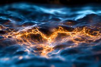 Abstract energy waves with glowing orange lightning effect against dark blue background, creating dynamic flowing pattern for technology designs.