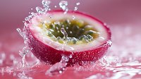 Fresh passion fruit slice with water droplets and splash effect on pink background, extreme macro photography showing juicy pulp and seeds in dynamic motion.