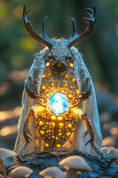 Mystical stag beetle with glowing orb and antlers creates magical forest scene with golden lights and ethereal atmosphere for fantasy designs.