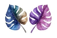 Watercolor monstera leaves with cosmic galaxy texture and starry effect in blue and purple colors, isolated on white background for creative design projects.