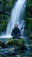 Young man meditating in lotus position on mossy rock near cascading waterfall in lush green forest. Peaceful mindfulness and nature connection concept.