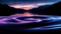 Mesmerizing water ripples reflecting purple and blue light at sunset, mountain silhouettes frame tranquil lake surface creating dynamic circular patterns.