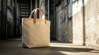 Stylish beige leather tote bag with brown handles standing on concrete floor in urban industrial setting with natural sunlight creating shadows.