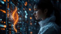 Young Asian female scientist observing glowing DNA helix hologram with digital data visualization in dark laboratory with orange particles effect.