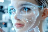 Futuristic facial scanning technology visualization with digital mesh overlay on young woman's face showing biometric recognition points and blue glow effects.