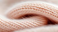 Soft peach knit fabric texture with woven fibers creating abstract folds and waves, suitable for textile design, fashion backgrounds, and material mockups.