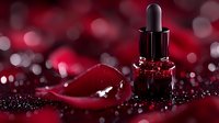 Dark red serum dropper bottle with rose petal on glittering background, luxury skincare concept with dramatic bokeh lighting effects and reflective surface.