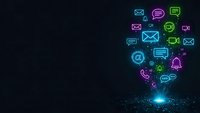 Digital communication icons floating above glowing network connection point on dark tech background for business presentations and marketing materials.
