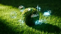 Green earth globe covered in moss on grass with floating renewable energy icons representing sustainable technology and environmental conservation.