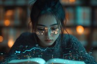Young Asian woman analyzing financial data with glowing charts and graphs reflected in glasses against dark background with bokeh lights.