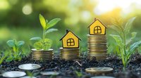 Growing stacks of coins with small yellow house models on top surrounded by green sprouts in soil, symbolizing sustainable financial growth and property investment.