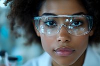 Young African American female scientist wearing protective safety goggles in laboratory setting with soft blue lighting, close up portrait showing determination and focus.