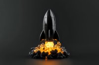 Black rocket launching with dramatic fire and smoke explosion effect against dark background, glowing orange flame illuminates takeoff scene on reflective surface.