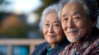 Smiling senior Asian couple enjoying outdoor moment together, elderly man with gray beard and woman in casual wear expressing joy and contentment.