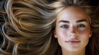 Young Caucasian woman with flowing blonde hair and natural makeup lying down, looking directly at camera with confident smile against dark background. For beauty and fashion.
