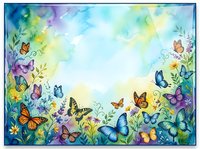 Colorful butterflies and flowers frame watercolor background with copy space for spring garden design projects and nature themed decorations.