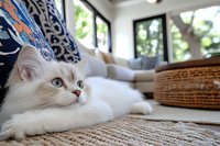 White fluffy cat with blue eyes lying on woven jute rug in bright sunlit room with windows and decorative pillows, looking away with serene expression.