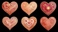 Six decorative hearts with gold floral ornaments in pink and red tones, isolated on transparent background. Great for Valentine clipart, stickers, t-shirt design, print on demand.
