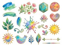 Watercolor hand-drawn botanical and geometric elements including flowers, leaves, suns, and decorative ornaments. Isolated clipart set ready for design projects, invitations, and craft applications.