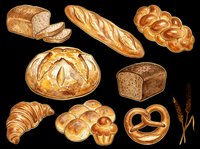 Assorted fresh baked bread loaves, croissants, pretzels, and wheat isolated on transparent background. Ready for bakery designs, menus, t-shirts, stickers, and print-on-demand products.