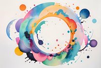 Vibrant watercolor circular frame with splashes and drops in rainbow colors perfect for creative design projects, cards, and artistic backgrounds. Abstract fluid art composition.