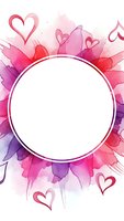 Watercolor hearts frame with blank circle space for text in pink and purple tones for romantic designs and Valentine's Day projects.