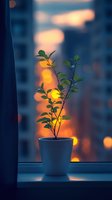 Young plant in white pot on window sill at sunset with blurred city lights creating magical bokeh effect in blue and orange tones, peaceful evening atmosphere.