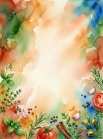 Watercolor cooking background with fresh herbs, vegetables and spices arranged on cream center space, ideal for food blogs, recipes and culinary designs.