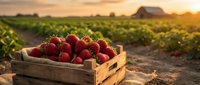 Fresh ripe strawberries in wooden crate at sunset farm field. Organic berry harvest agriculture concept for healthy eating and local produce marketing.