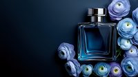 Luxury blue cologne bottle surrounded by white ranunculus flowers on dark background for masculine fragrance and perfume advertising campaigns.