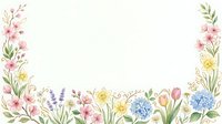 Watercolor floral border with pink carnations, lavender, yellow daffodils, blue hydrangeas, and tulips on white background. Isolated design element.